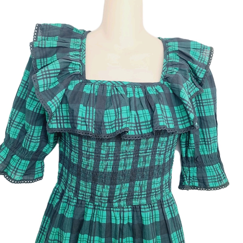 Ivy City Co Plaid Smocked Jumpsuit S Green Blue Puff Sleeve Square Ruffle Neck - Picture 2 of 11
